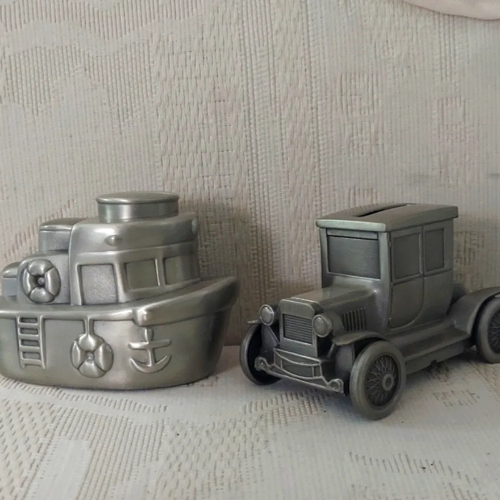 Vintage Ford Model T Coupe Truck & Tug Boat  Silver Plated Coin Piggy Banks